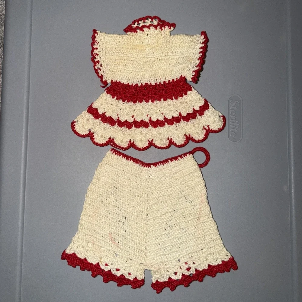 Crochet Potholder Dress Bloomers Red White 50s Handmade Cottagecore‎ Grandma Vtg
